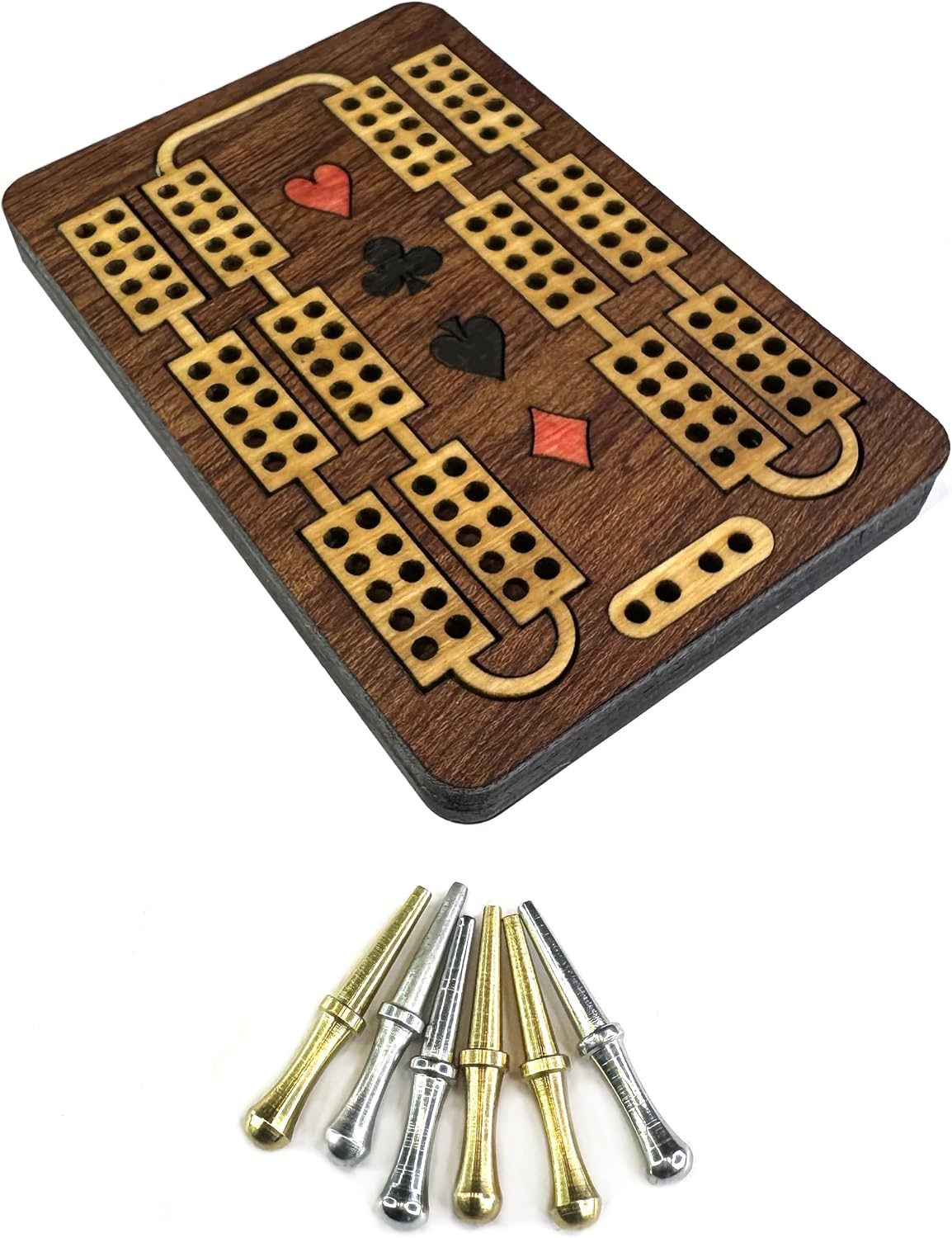 Inlaid wooden cribbage board with cribbage pegs