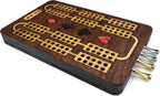 Inlaid wooden cribbage board with cribbage peg storage