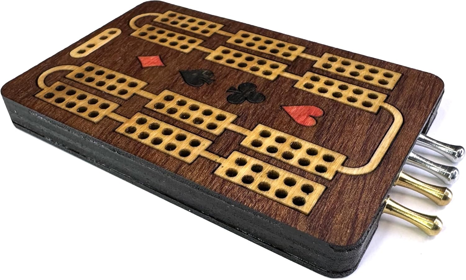 Inlaid wooden cribbage board with cribbage peg storage