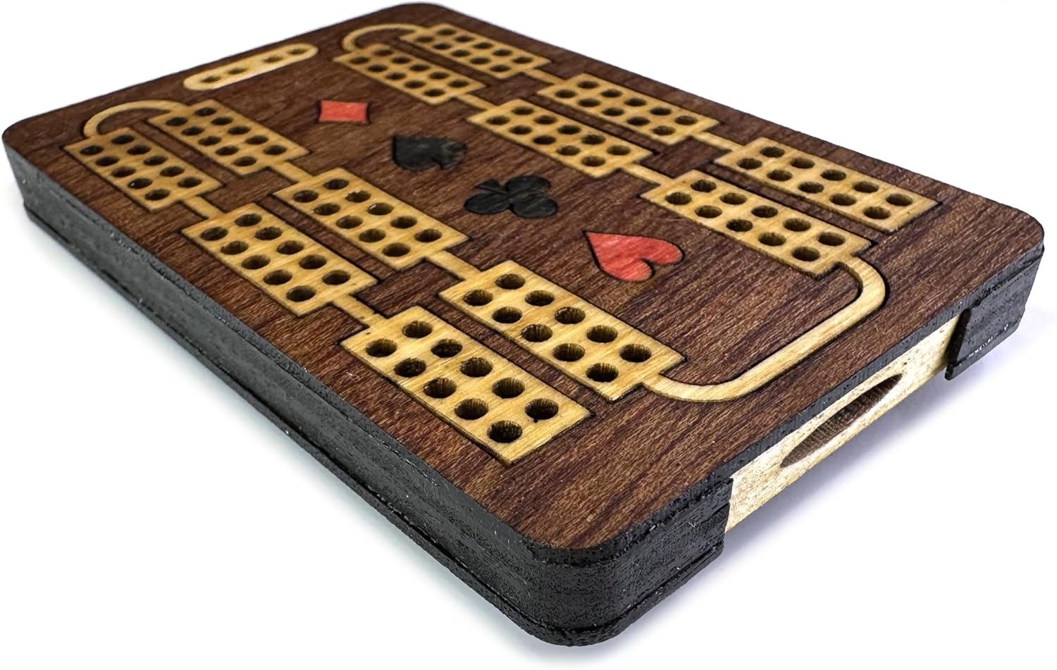 Inlaid wooden cribbage board with playing card suit symbols design