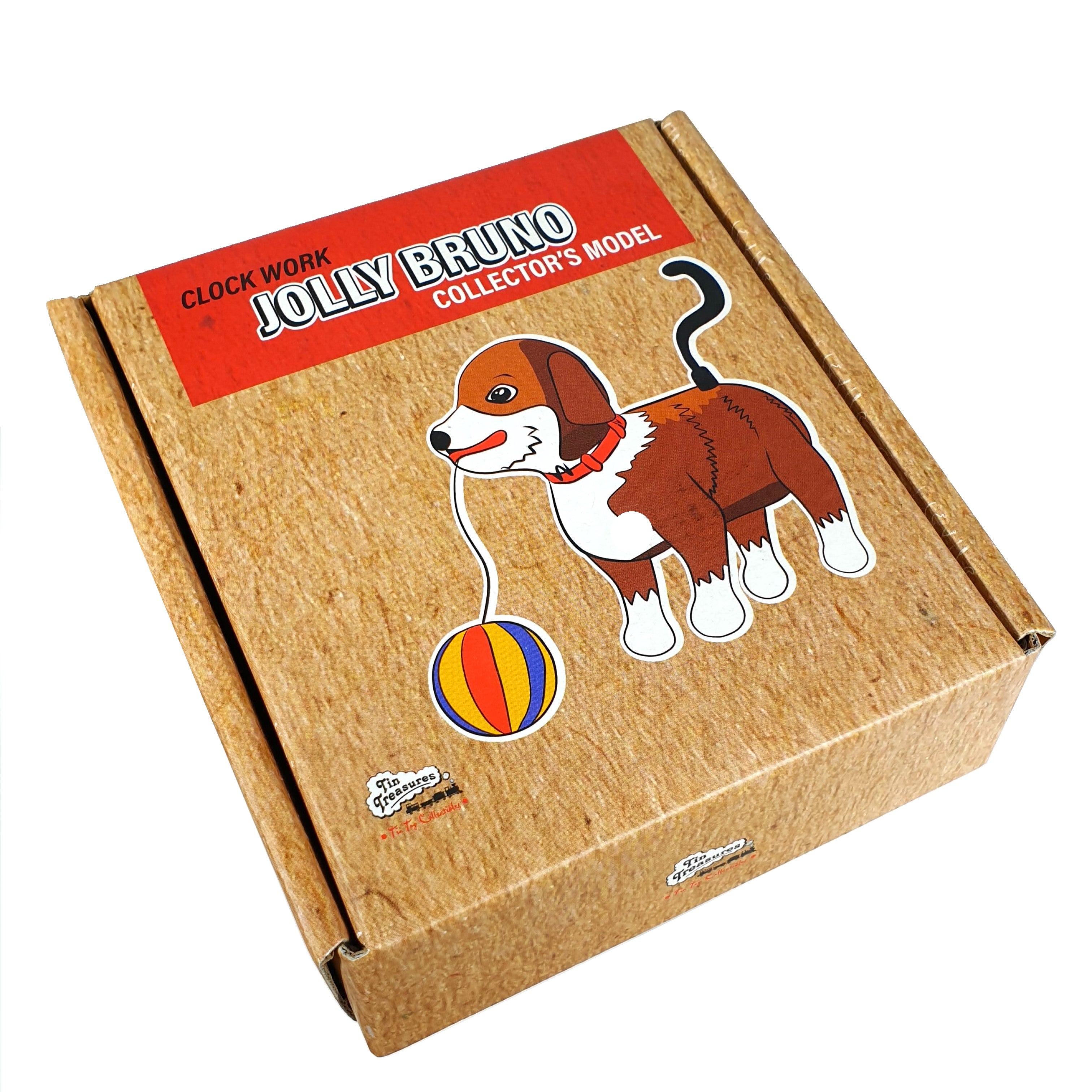 Packaging for  jolly Bruno dog tin toy