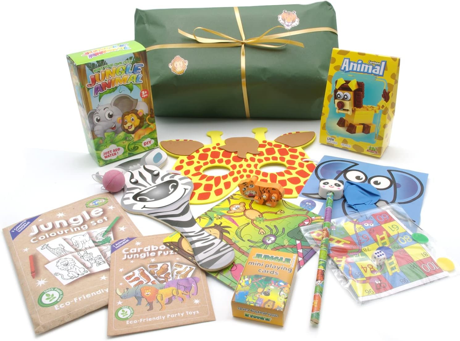 Jungle themed pass the parcel party game with a mix of jungle toys