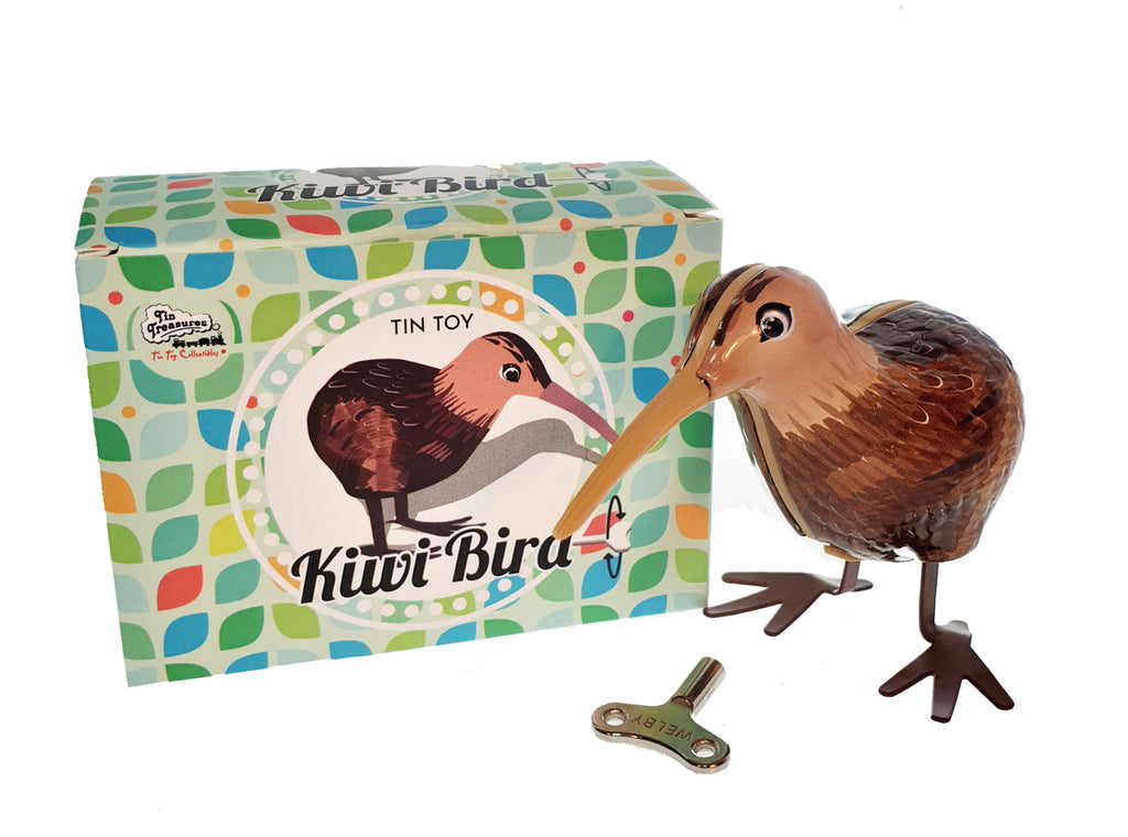 Kiwi Bird Tin Toy with wind up key and packaging