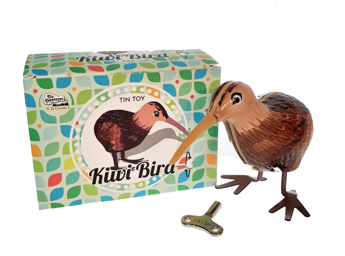 Kiwi Bird Tin Toy with wind up key and packaging