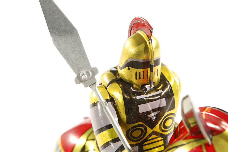Close up of Knight on horseback tin toy