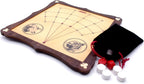 Lambs and tiger board game with playing pieces and drawstring bag.
