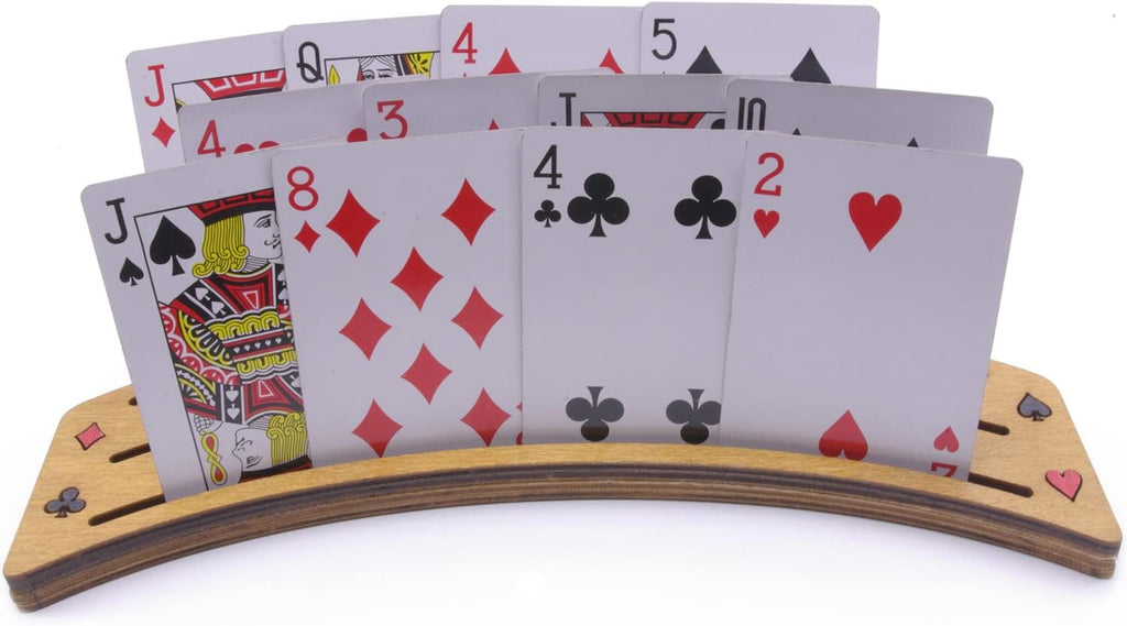 Large wooden card holder with playing cards