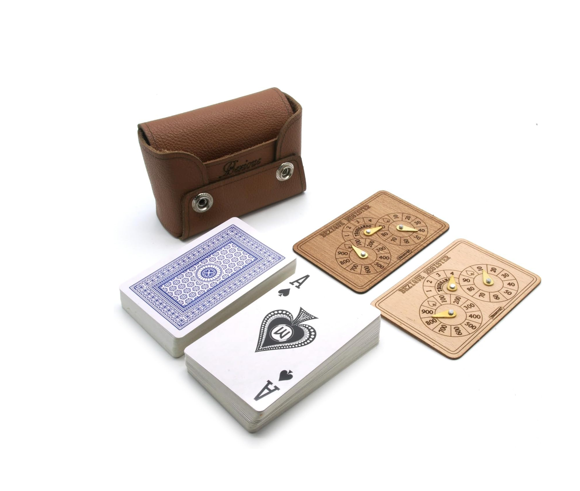 Brown leather Bezique card game set
