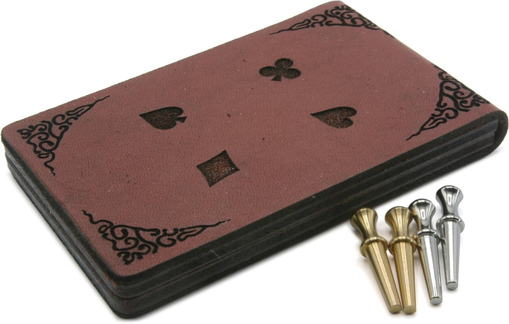 Decorative leather cribbage board with cribbage pegs