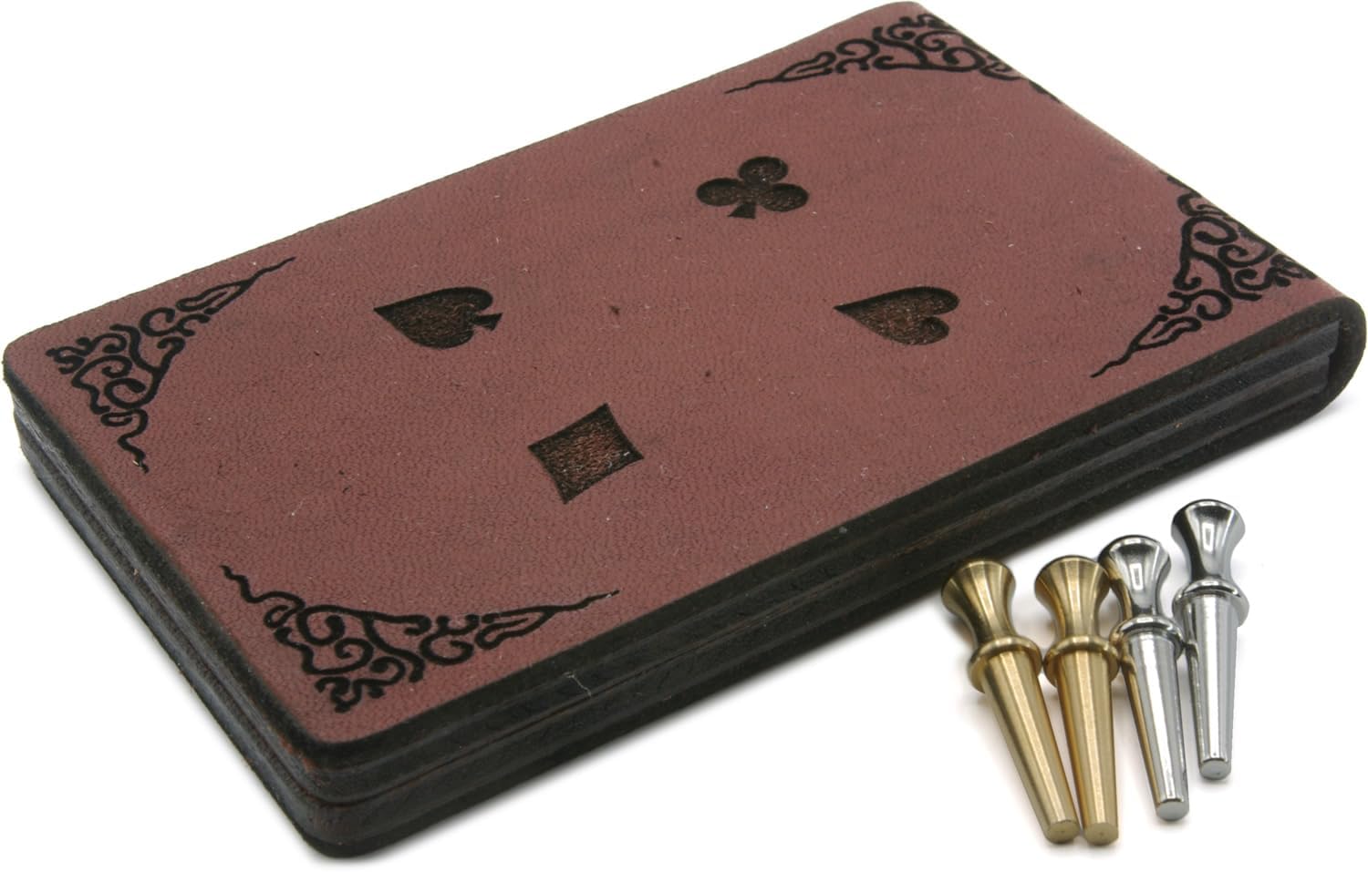 Decorative leather cribbage board with cribbage pegs