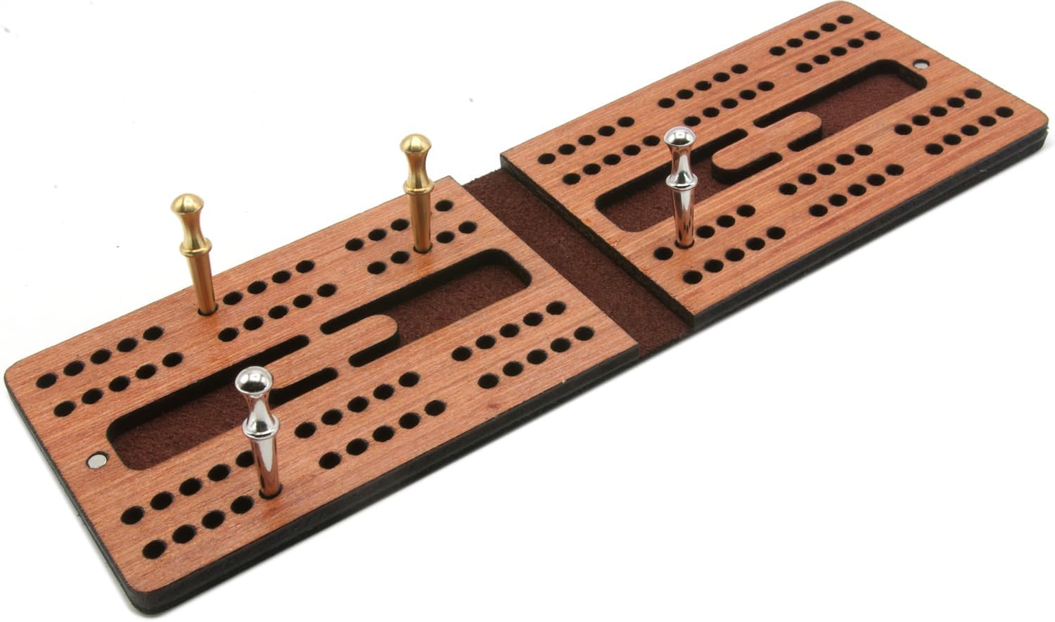 Leather and mahogany cribbage board with cribbage pegs