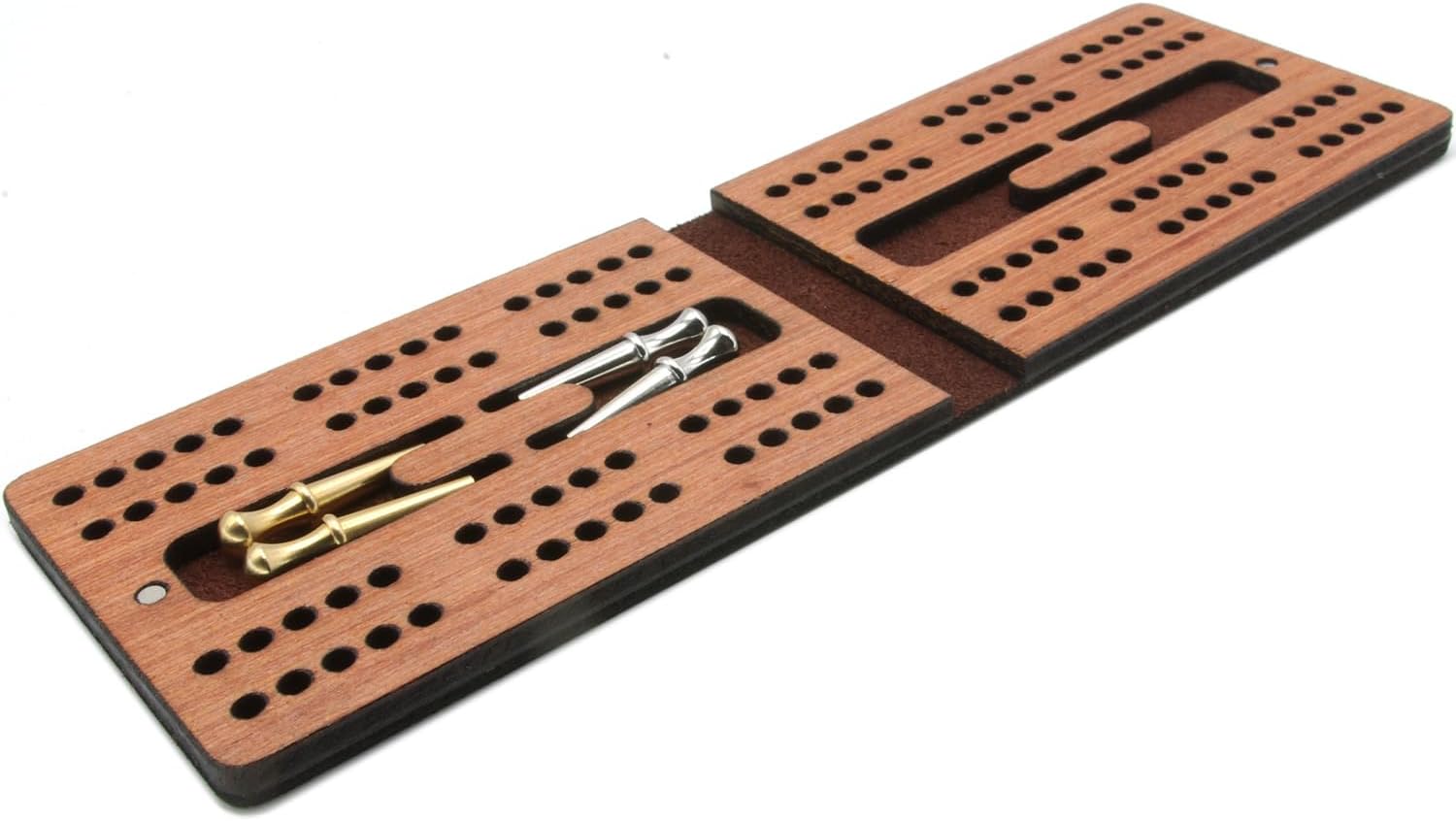 Leather and Mahogany cribbage board with peg storage and cribbage pegs