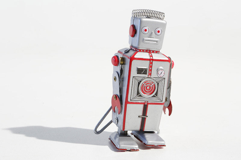 Lightening Vintage-style robot tin toy with red and silver lightening bolt