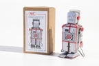 Lightening Vintage-style robot tin toy with red and silver lightening bolt with packaging 