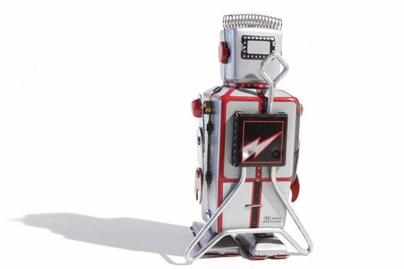 Lightening Vintage-style robot tin toy with red and silver lightening bolt