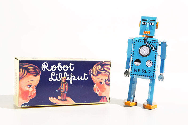 Blue Lilliput tin toy robot with colourful packaging