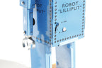 Close up of blue lilliput tin toy robot stop/go lever