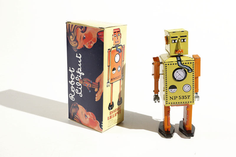 Yellow Lilliput tin toy robot with colourful packaging