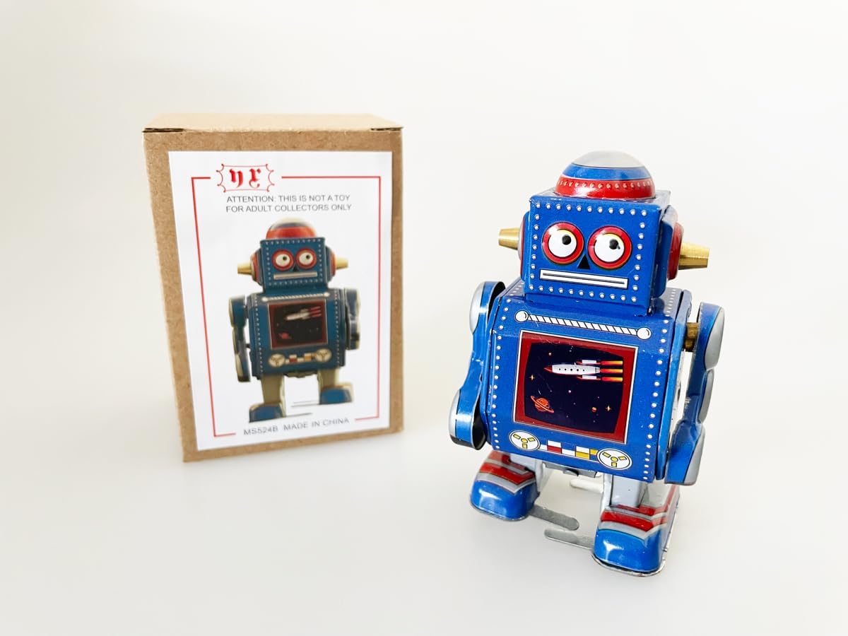 Little Blue Vintage-style robot tin toy with a matching box 
