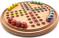 Round Ludo wooden board game with marble playing pieces