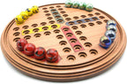 Round Ludo wooden board game with marble playing pieces