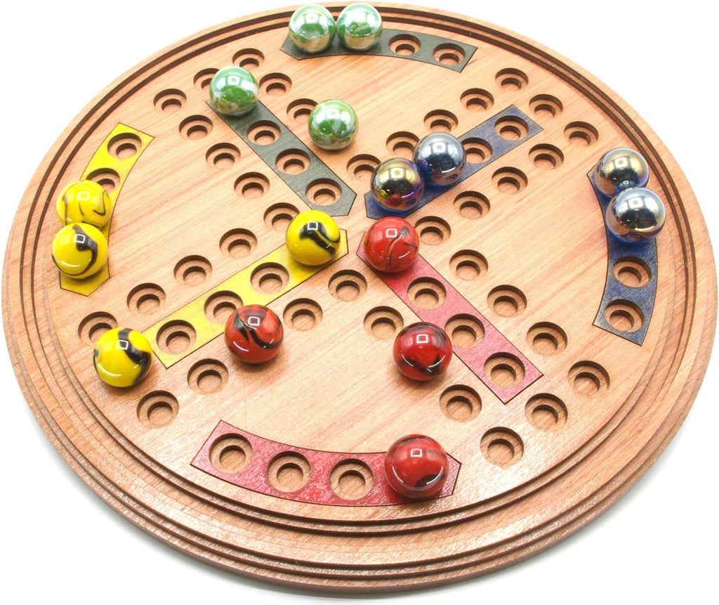 Round Ludo wooden board game with marble playing pieces