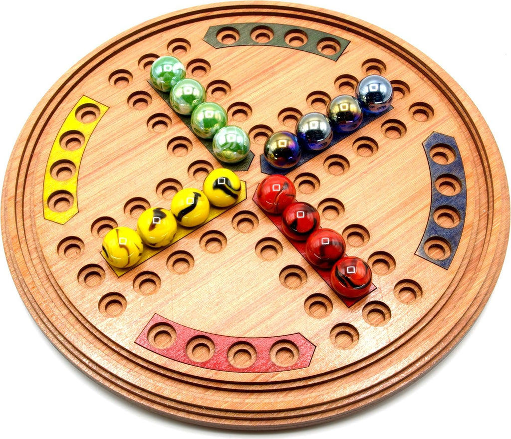 Round Ludo wooden board game with marble playing pieces