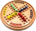 Round Ludo wooden board game with marble playing pieces