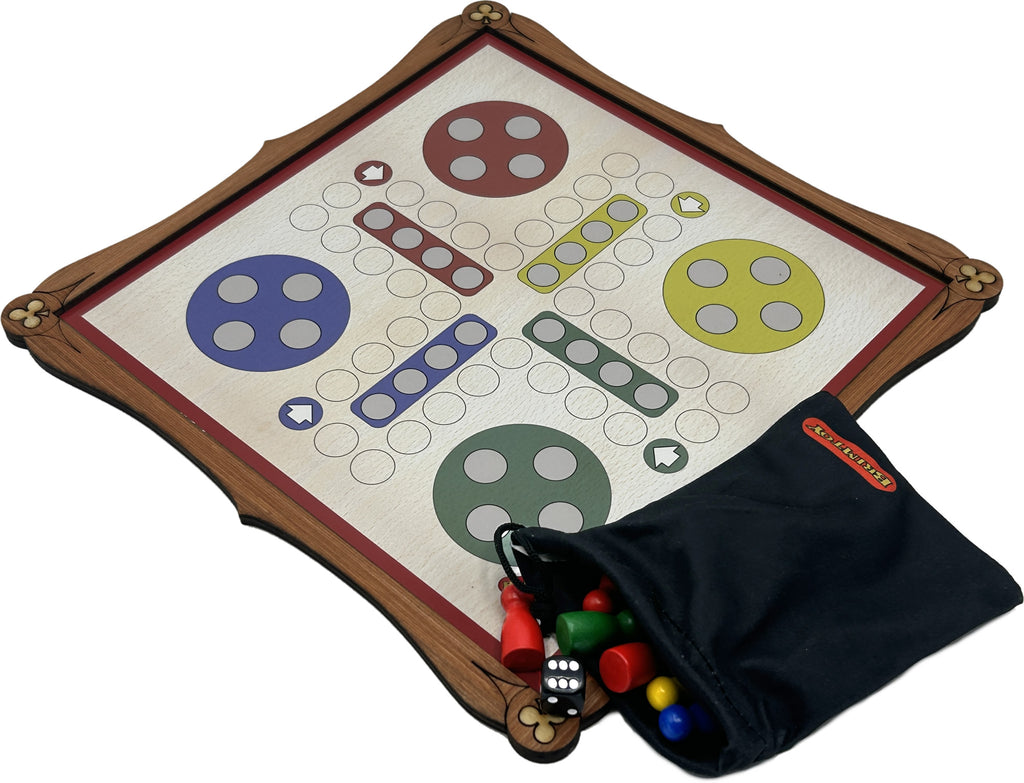 Wooden Ludo Board Game with playing pieces, die and bag for playing pieces