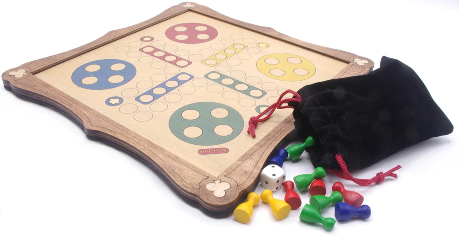Ludo board game with playing pieces and drawstring bag