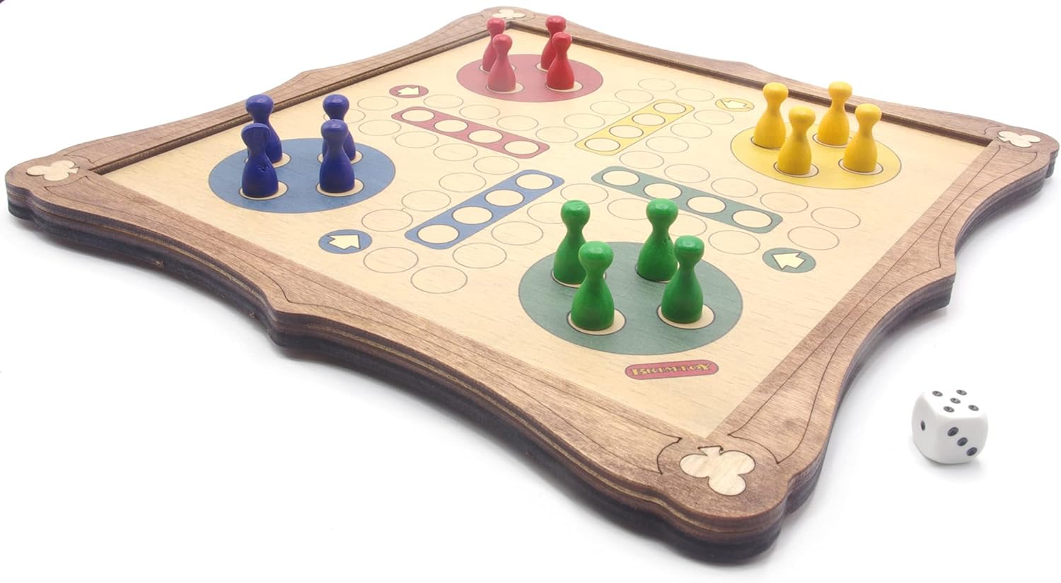 Ludo board game with playing pieces and die