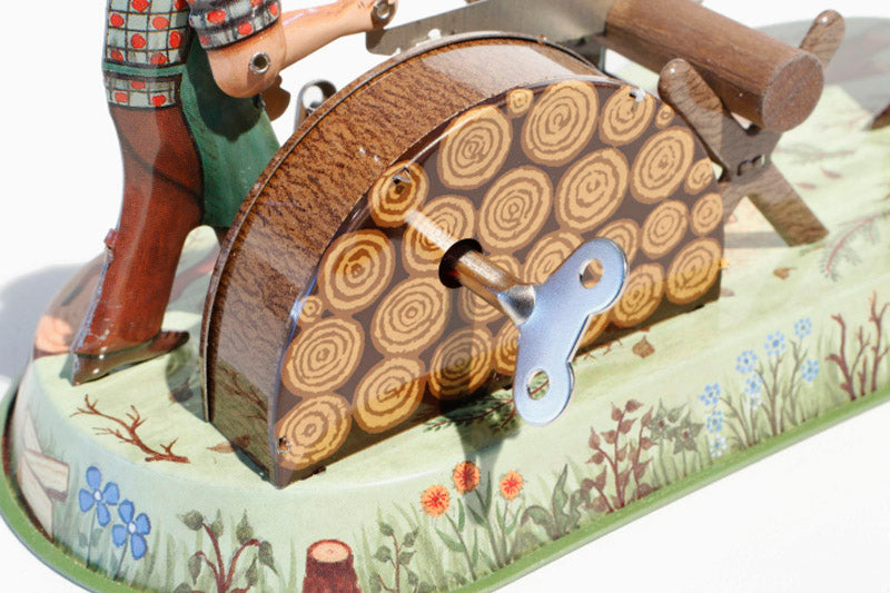 Close up of Lumberjacks wood chopper tin toy wind up key 
