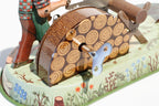 Close up of Lumberjacks wood chopper tin toy wind up key 