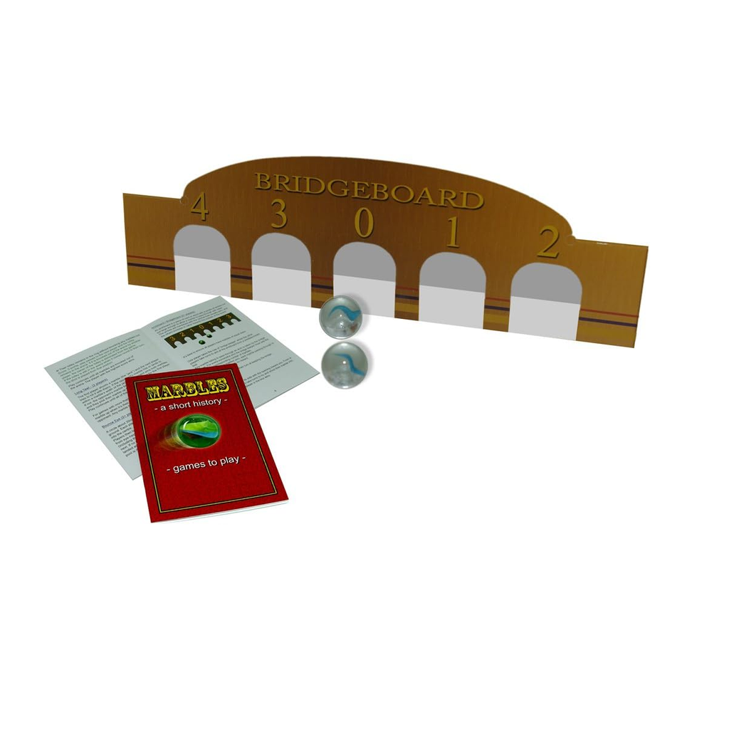 Marbles game set with bridgeboard, marbles, and rules 
