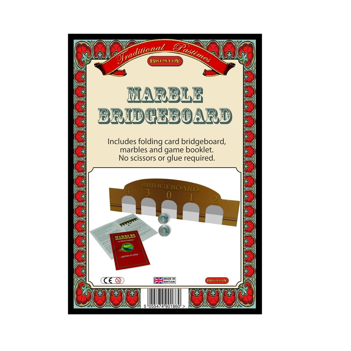Marble bridgeboard packaging with text and illustrations 