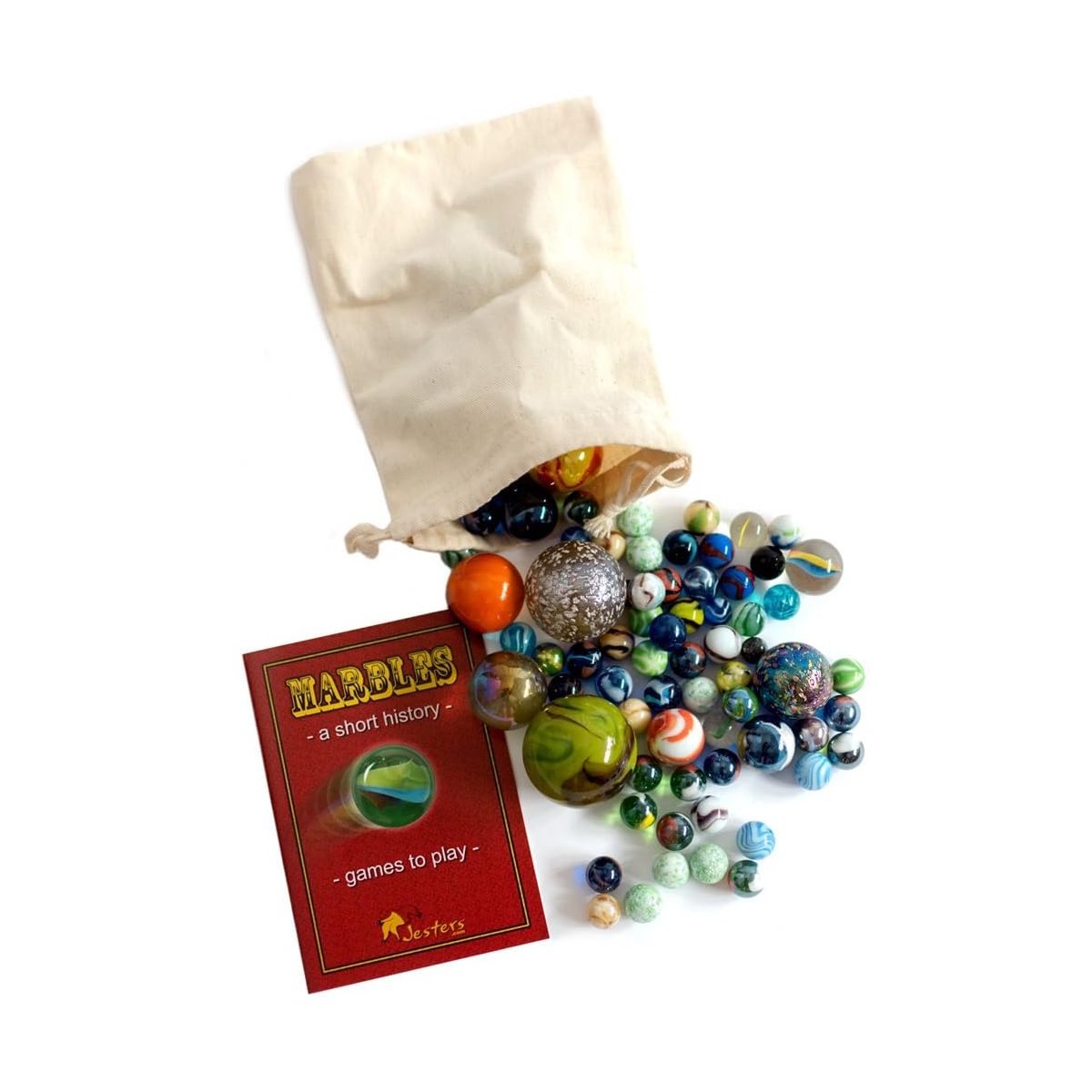 Bag of marbles spilling out onto a white surface with a 'Marbles' book titled 'A Short History of Games to Play' 