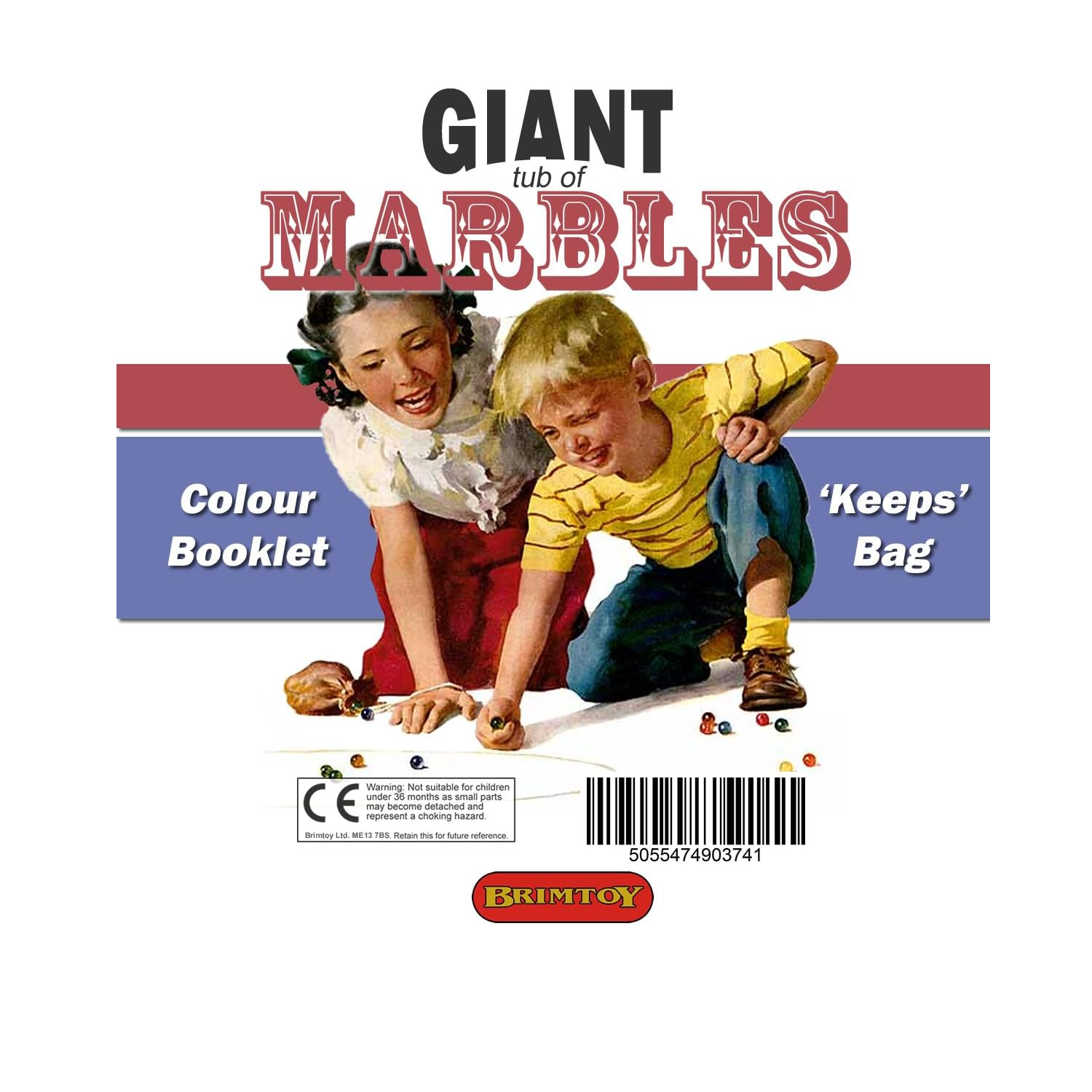Vintage advertisement for a giant tub of marbles with children playing, featuring Brimtoy branding.