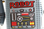 Mechanical Tin Toy robot  with red 'ROBOT' text and mechanical design