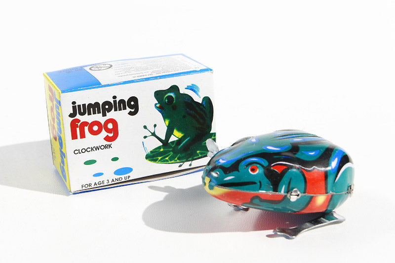 Colourful frog tin toy with its packaging