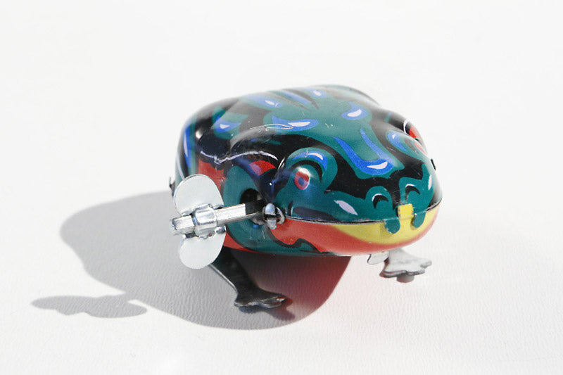 Colourful frog tin toy with wind up key
