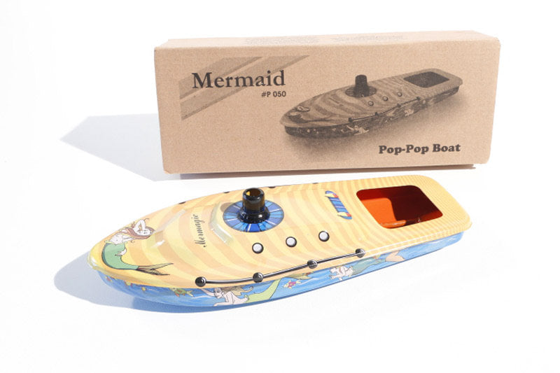 Mermaid Pop Pop Candle Boat Retro Tin Toy with packaging