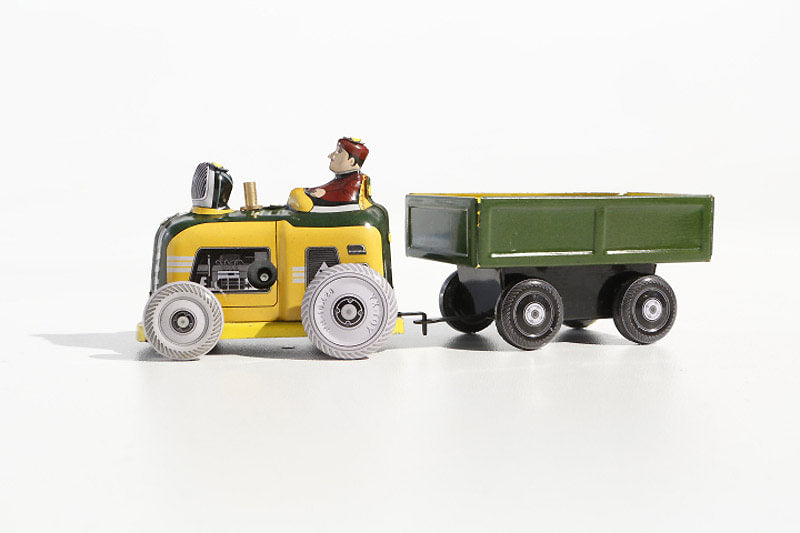 Mini tractor and trailer tin toy