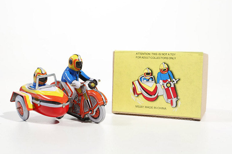 Motorcycle with sidecar tin toy with packaging