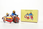 Motorcycle with sidecar tin toy with packaging