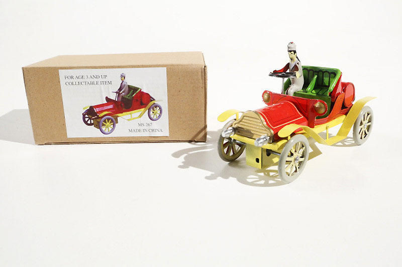 Ol Timer vintage car tin toy with red body and yellow chassis with packaging