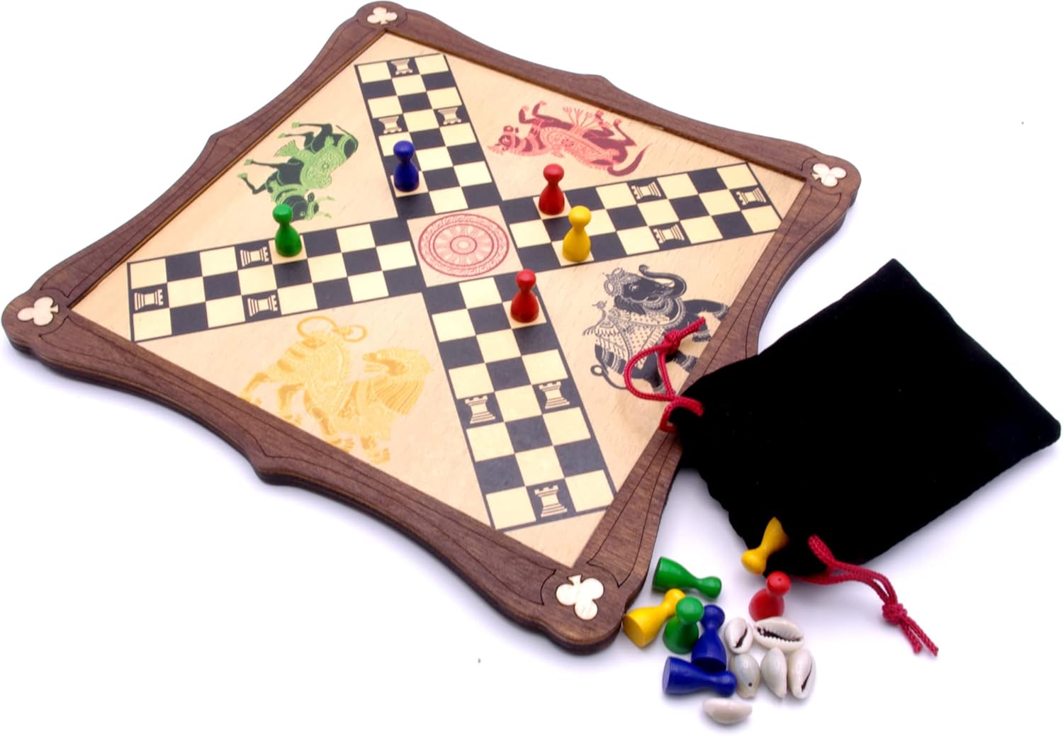 Pachisi Board game with playing pieces and drawstring bag