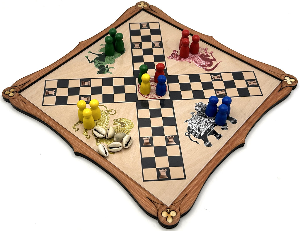 Pachisi wooden board game with game pieces and shells