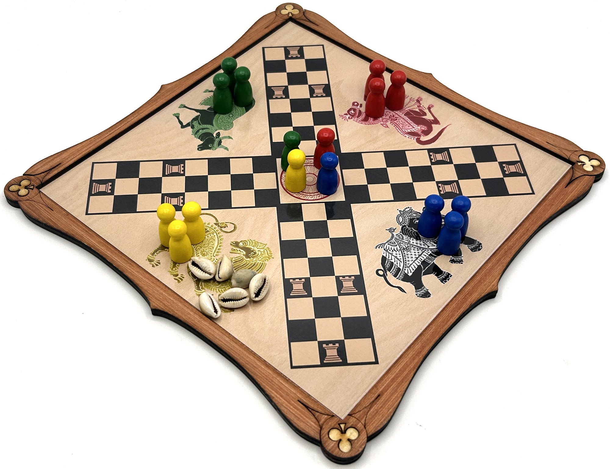 Pachisi wooden board game with game pieces and shells