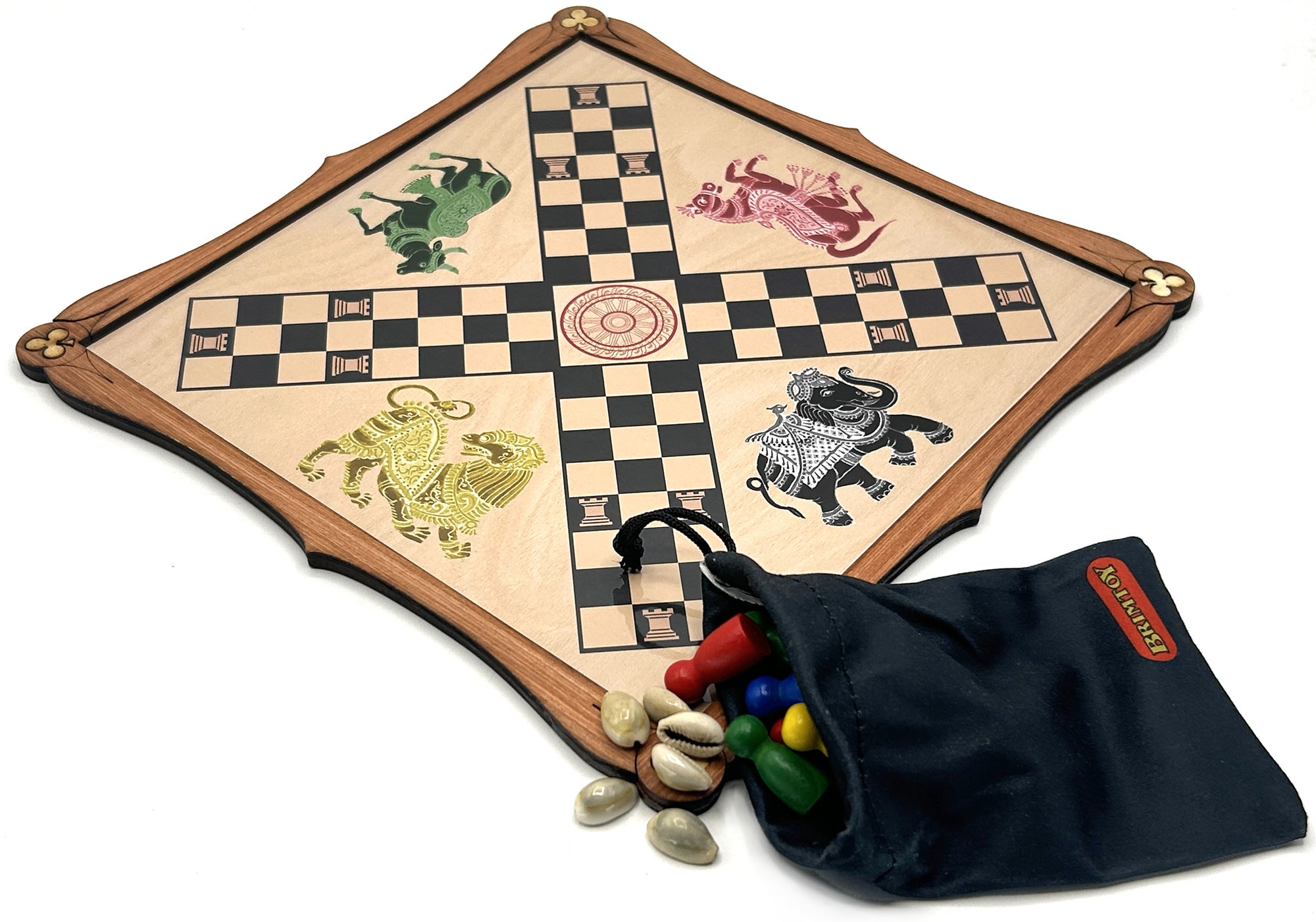 Pachisi wooden board game with playing pieces and bag for playing pieces
