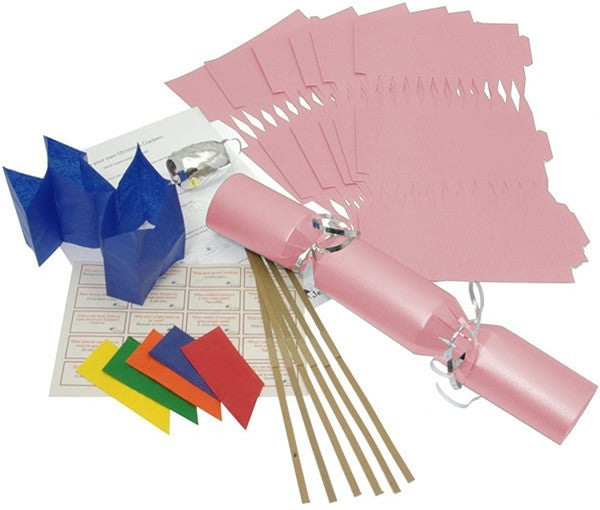 Pink make your own Christmas crackers with jokes, hats, snaps and ribbon